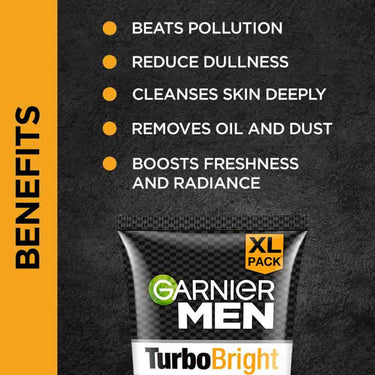 Garnier Men Turbo Bright Double Action Face Wash, Deep Cleansing Anti Pollution Face Wash with Charcoal and Vitamin C, Suitable for all Skin Types, 150g